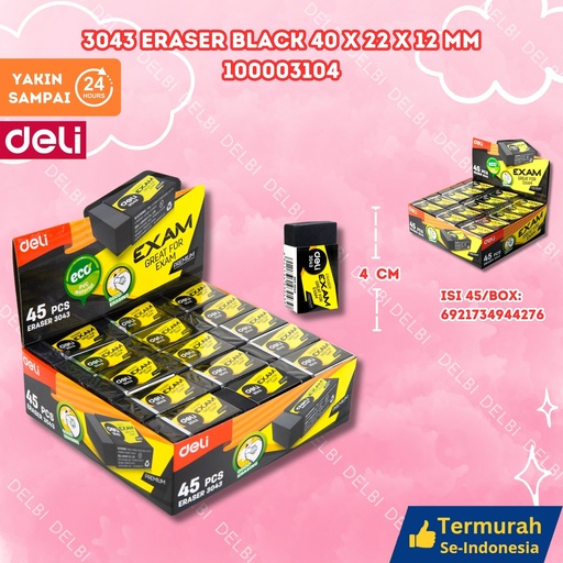 [100003104] 3043 Eraser BLACK 40x22x12mm DELI PENGHAPUS SETIP BX1080 BX45
