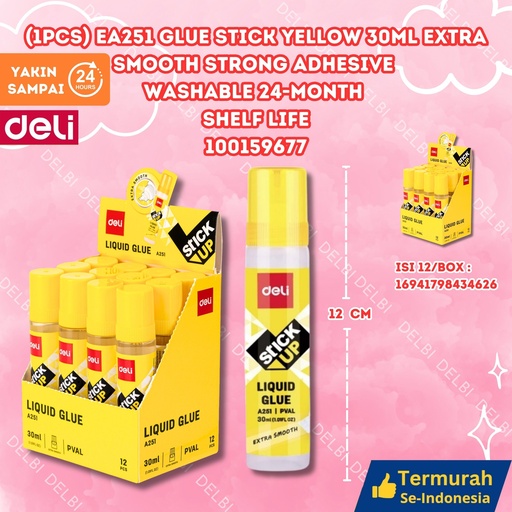[100159677] (1PCS) A251 Glue Stick Yellow 30ml EXTRA SMOOTH Strong adhesive Washable 24-month shelf life DELI LEM KERTAS BX384 BX12