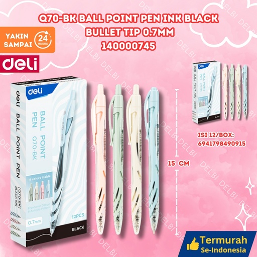 [140000745] DELI EQ70-BK Ball Point Pen Ink Black Bullet tip 0.7mm PULPEN TINTA HITAM BX144 BX12 BX1278 BX3