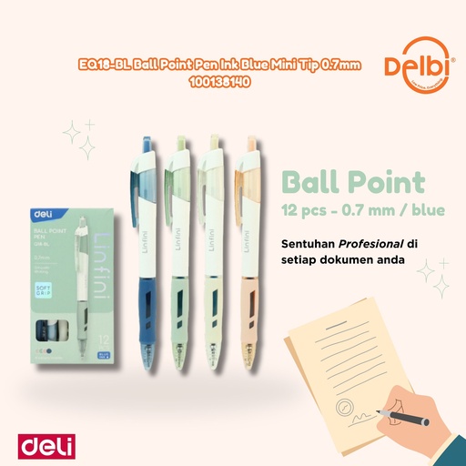 [100138140] EQ18-BL Ball Point Pen Ink Blue Mini Tip 0.7mm DELI BALLPEN BIRU BX144 BX1728 BX12 BX3