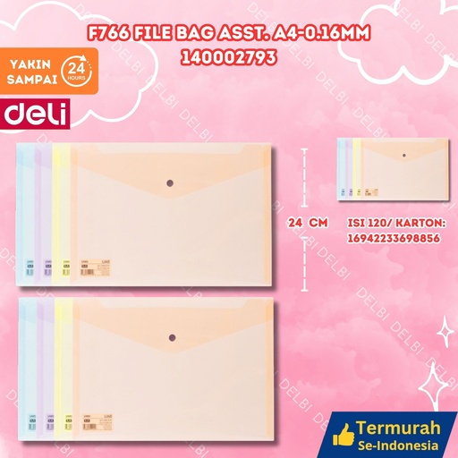 [140002793] DELI F766 File Bag ASST. A4-0.16mm MAP BX120 BX12 BX480