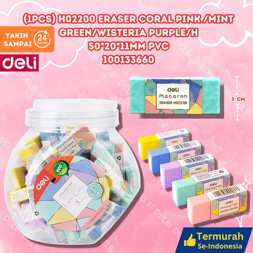 [100133660] (1PCS) H02200 Eraser CORAL PINK /MINT GREEN WISTERIA PURPLE/H 50 20 11mm PVC PENGHAPUS DELI WARNA WARNI TOPLES BX45