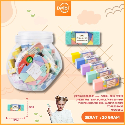[100133660] (1PCS) H02200 Eraser CORAL PINK /MINT GREEN WISTERIA PURPLE/H 50 20 11mm PVC PENGHAPUS DELI WARNA WARNI TOPLES BX45