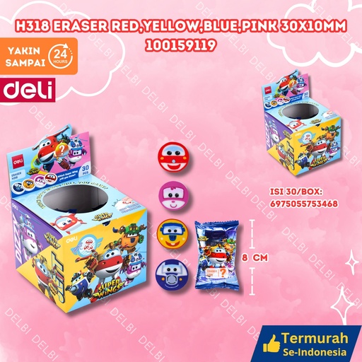 [100159119] H318 Eraser Red,Yellow,Blue,Pink 30x10mm DELI PENGHAPUS WARNA WARNI RED YELLOW PINK BX30