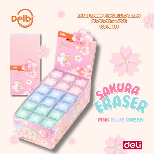 [100149855] EH309 Eraser PINK/BLUE/GREEN 20x20x38mm PVC DELI PENGHAPUS WARNA WARNI SETIP BX18 BX648