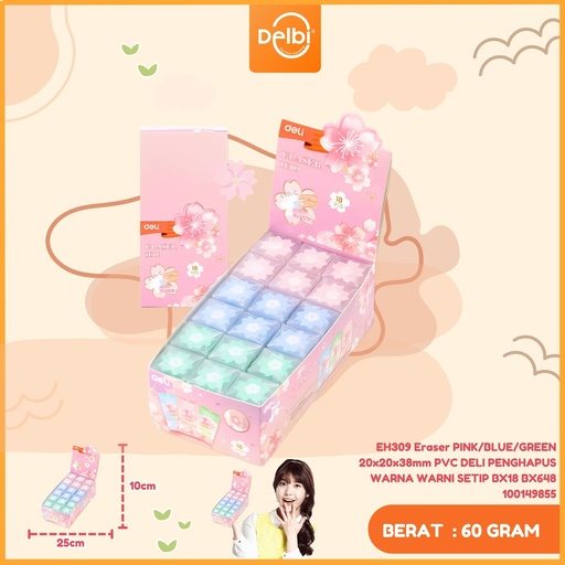 [100149855] EH309 Eraser PINK/BLUE/GREEN 20x20x38mm PVC DELI PENGHAPUS WARNA WARNI SETIP BX18 BX648
