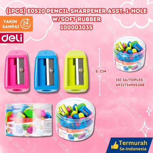 [100003035] (1PCS) 0520 Pencil Sharpener ASST. 1-hole w/soft rubber DELI RAUTAN PENSIL SOFT BX864 BX36