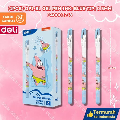 [140003718] (1pcs) G91-BL Gel Pen Ink Blue Tip 0.5mm DELI PULPEN TINTA SPONGEBOB BX144 BX3 BX12 BX1728