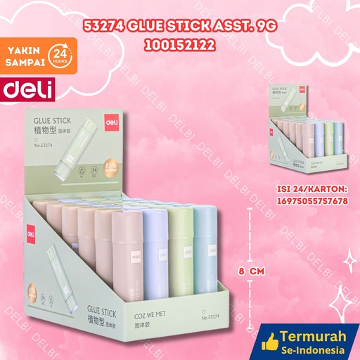 [100152122] 53274 Glue Stick Asst. 9g DELI LEM KERTAS BX24 BX384