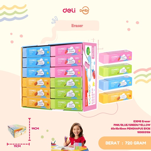 [100003106] E3045 Eraser PINK/BLUE/GREEN/YELLOW 60x15x15mm PENGHAPUS BX36