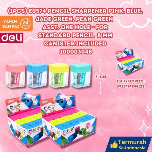 [100003048] (1PCS) 0574 Pencil Sharpener Pink, blue, jade green, pean green  asst. One hole for Standard 8 mm Canister included 26x21x33mm, 8gram/pcs DELI RAUTAN PENSIL BX1296 BX72