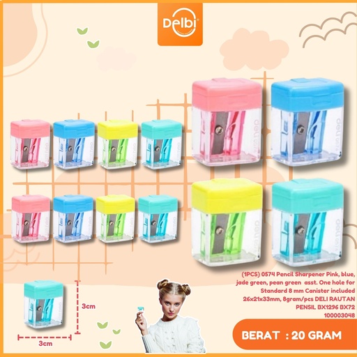 [100003048] (1PCS) 0574 Pencil Sharpener Pink, blue, jade green, pean green  asst. One hole for Standard 8 mm Canister included 26x21x33mm, 8gram/pcs DELI RAUTAN PENSIL BX1296 BX72