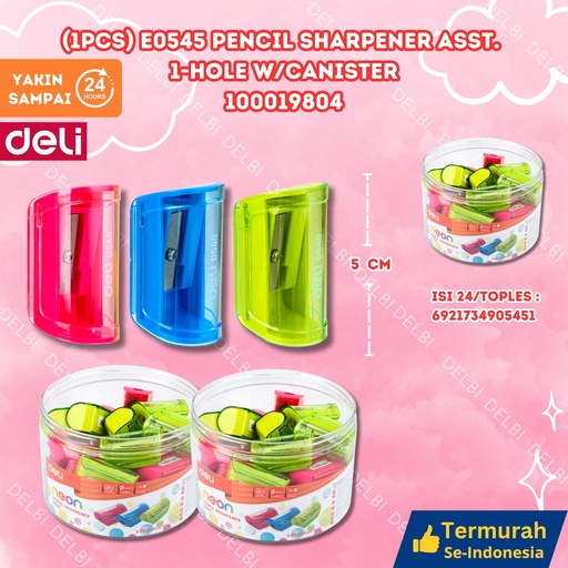 [100019804] (1PCS) 0545 Pencil Sharpener ASST. 1-hole w/canister DELI RAUTAN PENSIL BX576 BX24