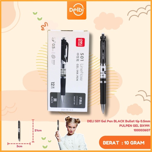 [100003607] DELI S01 Gel Pen BLACK Bullet tip 0.5mm PULPEN GEL BX144 