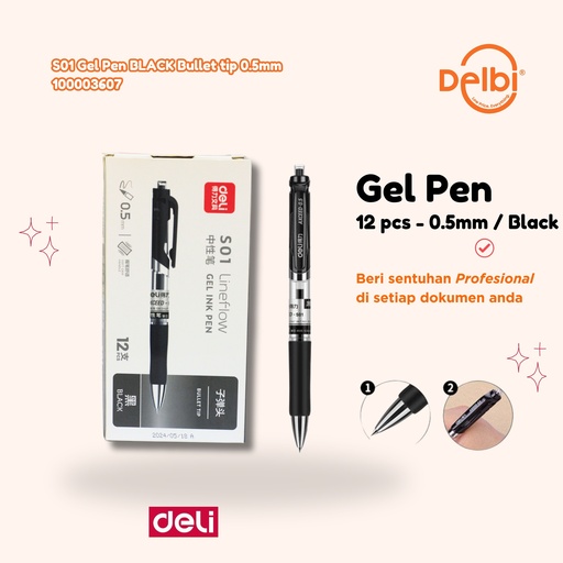 [100003607] DELI S01 Gel Pen BLACK Bullet tip 0.5mm PULPEN GEL BX144 