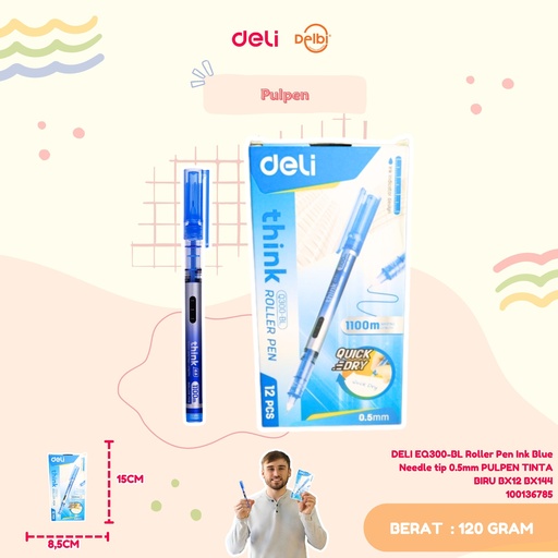 [100136785] DELI EQ300-BL Roller Pen Ink Blue Needle tip 0.5mm PULPEN TINTA BIRU BX12 BX144