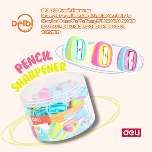 [100128419] ER00903 Pencil Sharpener Bluenyellow,yellownpink,pinknblue One hole for Standard 8 mm 32x23x15mm, DELI WARNA WARNI RAUTAN PENSIL KECIL BX1152 BX48 BX2304