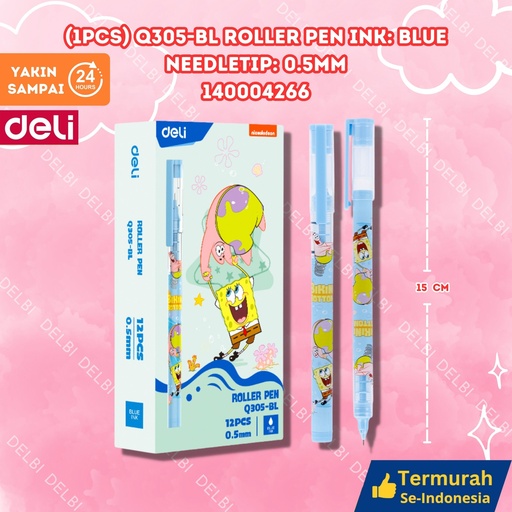 [140004266] (1pcs) Q305-BL Roller Pen Ink Blue Needle tip 0.5mm GEL DELI SPONGEBOB 0.5 BX144 BX3 BX12