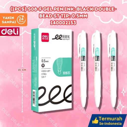 [140002153] (1pcs) S08-F Gel Pen Ink Black Double-bead ST tip 0.5mm DELI PULPEN TINTA 0.5 DOUBLE BEAD BX144 BX12 BX3 BX1728
