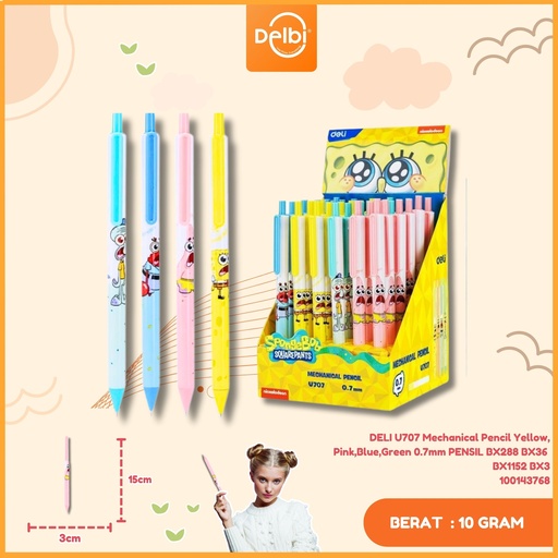 [100143768] DELI U707 Mechanical Pencil Yellow, Pink,Blue,Green 0.7mm PENSIL BX288 BX36 BX1152 BX3