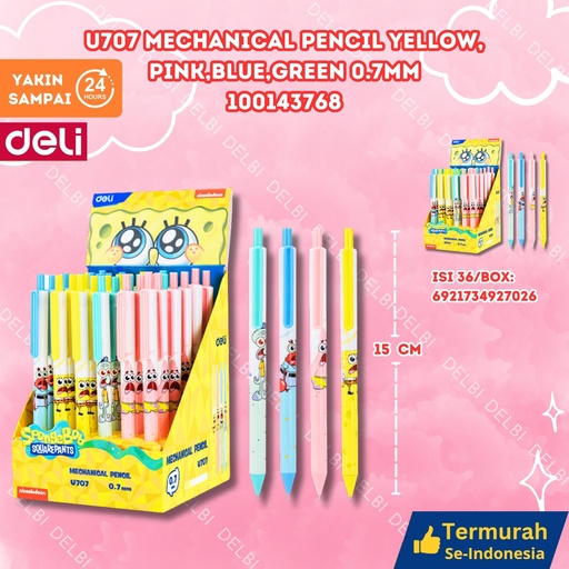 [100143768] DELI U707 Mechanical Pencil Yellow, Pink,Blue,Green 0.7mm PENSIL BX288 BX36 BX1152 BX3