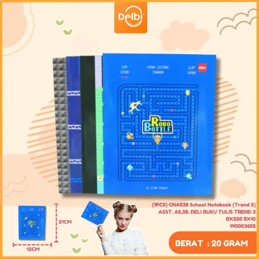 [140003652] (1PCS) CNA538 School Notebook (Trend 3) ASST. A5,38. DELI BUKU TULIS TREND 3 BX320 BX10