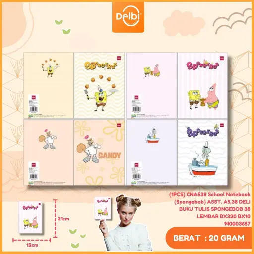 [140003657] (1PCS) CNA538 School Notebook (Spongebob) ASST. A5,38 DELI BUKU TULIS SPONGEBOB 38 LEMBAR BX320 BX10