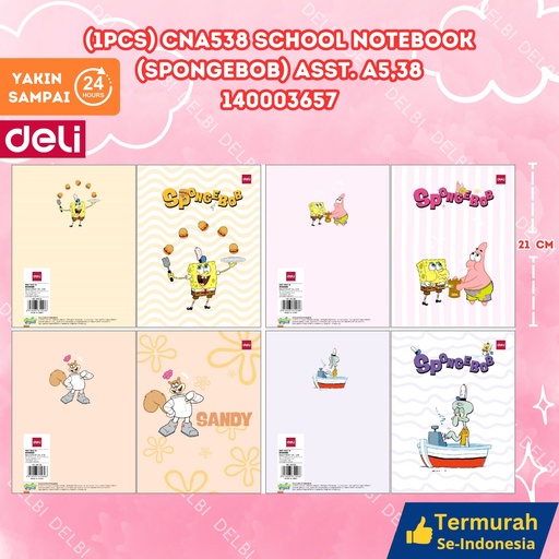 [140003657] (1PCS) CNA538 School Notebook (Spongebob) ASST. A5,38 DELI BUKU TULIS SPONGEBOB 38 LEMBAR BX320 BX10