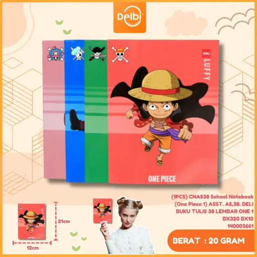 [140003661] (1PCS) CNA538 School Notebook (One Piece 1) ASST. A5,38. DELI BUKU TULIS 38 LEMBAR ONE 1 BX320 BX10