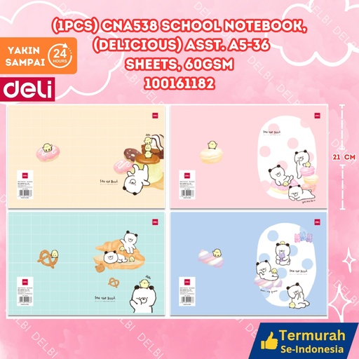[100161182] (1PCS) CNA538 School Notebook, (Delicious) Asst. A5-36sheets, 60gsm DELI BUKU TULIS 38 LEMBAR DELICIOUS BX320 BX10