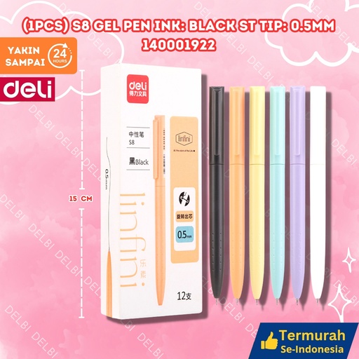 [140001922] (1pcs) S8 Gel Pen Ink Black ST tip 0.5mm DELI PULPEN TINTA 0.5 BX144 BX12 BX3