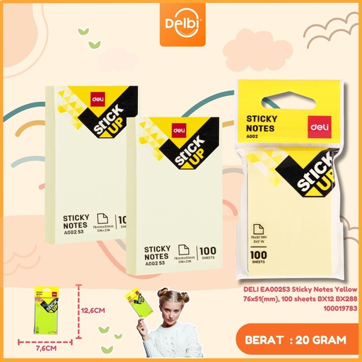 [100019783] DELI EA00253 Sticky Notes Yellow 76x51(mm), 100 sheets BX12 BX288