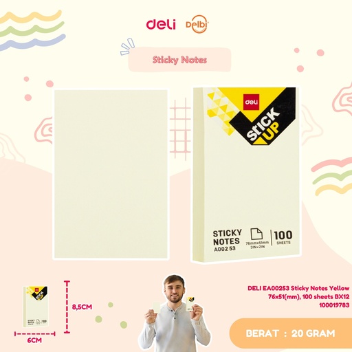 [100019783] DELI EA00253 Sticky Notes Yellow 76x51(mm), 100 sheets BX12 BX288