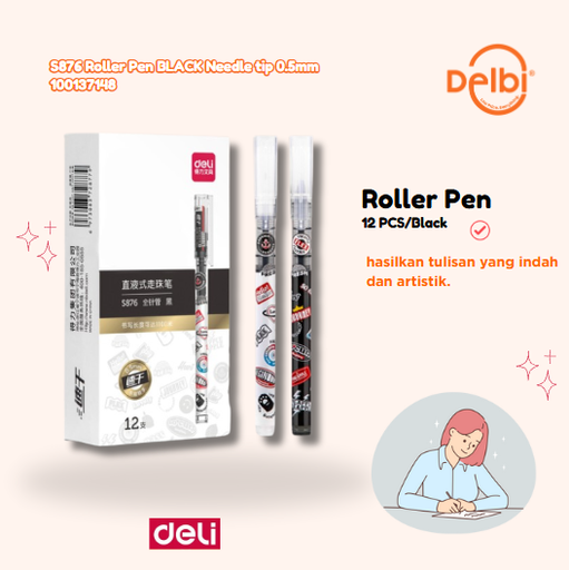 [100137148] DELI S876 Roller Pen BLACK Needle tip 0.5mm BX144