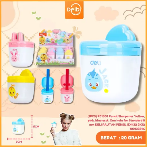 [100133346] (1PCS) R01300 Pencil Sharpener Yellow, pink, blue asst. One hole for Standard 8 mm DELI RAUTAN PENSIL BX432 BX12