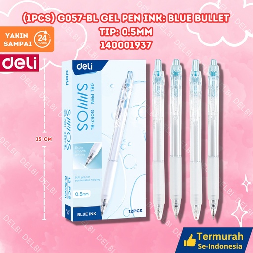 [140001937] (1pcs) G057-BL Gel Pen Ink Blue Bullet tip 0.5mm DELI PULPEN BX144 BX3