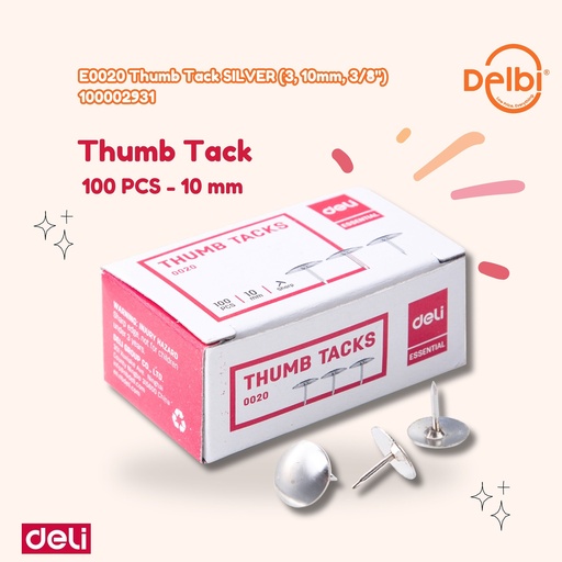 [100002931] E0020 Thumb Tack SILVER (3, 10mm, 3/8'' DELI PENUSUK KERTAS PAKU TUSUK PENANCAP BX10 BX500