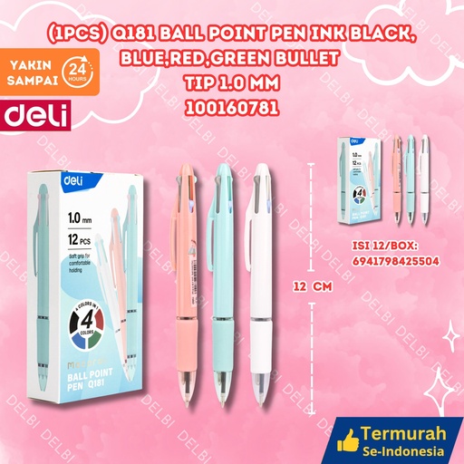 [100160781] (1PCS) Q181 Ball Point Pen Ink Black,Blue,Red,Green Bullet tip 1.0mm DELI BALLPEN BLACK BLUE RED GREEN 1.0 BX144 BX12 BX3