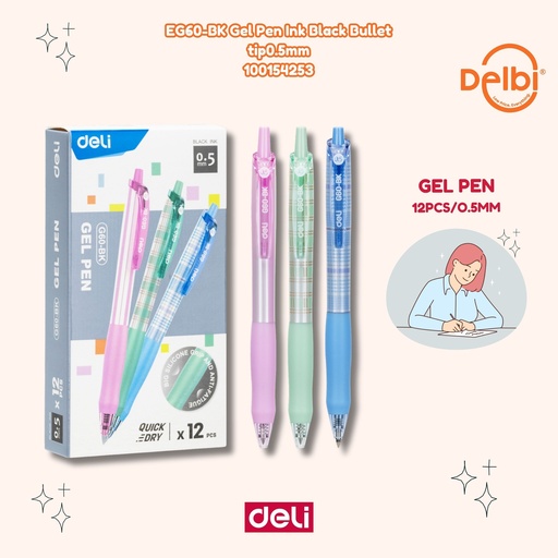 [100154253] EG60-BK Gel Pen Ink Black Bullet tip0.5mm DELI PULPEN TINTA HITAM BX144