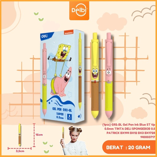 [140003717] (1pcs) G92-BL Gel Pen Ink Blue ST tip 0.5mm TINTA DELI SPONGEBOB 0.5 PATRICK BX144 BX12 BX3 BX1728