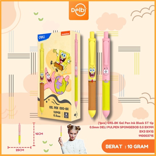 [140003715] (1pcs) G92-BK Gel Pen Ink Black ST tip 0.5mm DELI PULPEN SPONGEBOB 0.5 BX144 BX3 BX12