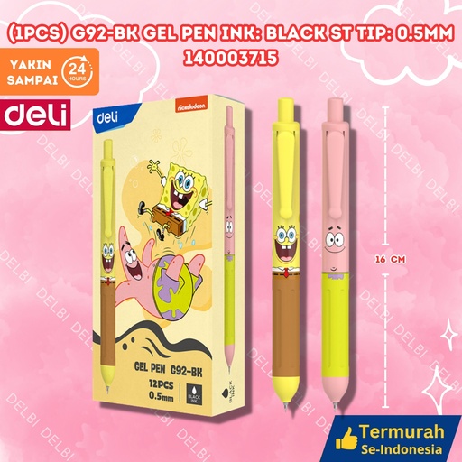 [140003715] (1pcs) G92-BK Gel Pen Ink Black ST tip 0.5mm DELI PULPEN SPONGEBOB 0.5 BX144 BX3 BX12