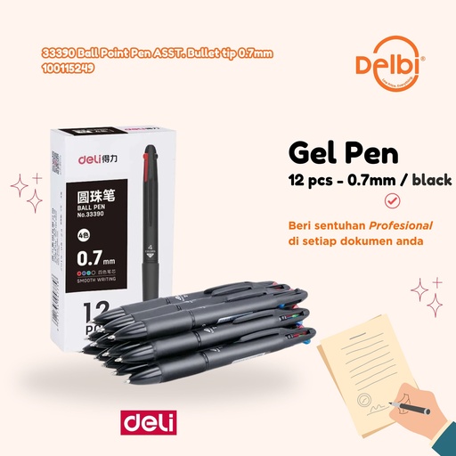 [100115249] DELI 33390 Ball Point Pen ASST. Bullet tip 0.7mm BX144