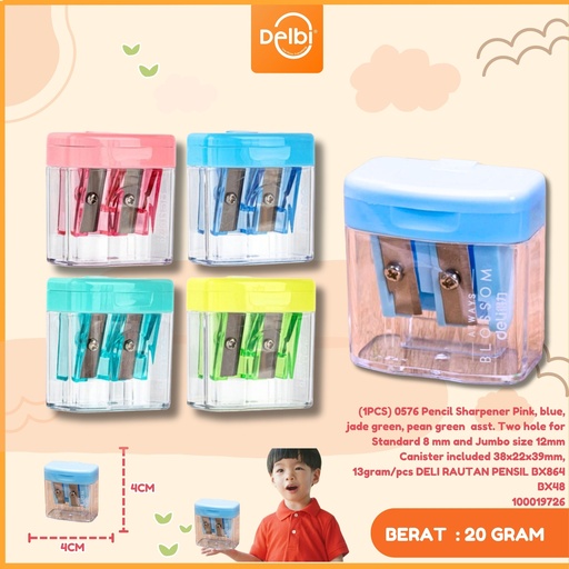 [100019726] (1PCS) 0576 Pencil Sharpener Pink, blue, jade green, pean green  asst. Two hole for Standard 8 mm and Jumbo size 12mm Canister included 38x22x39mm, 13gram/pcs DELI RAUTAN PENSIL BX864 BX48