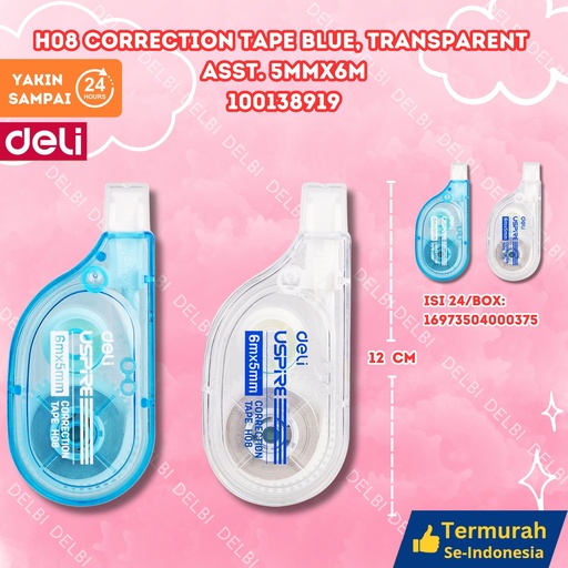 [100138919] H08 Correction Tape Blue, Transparent asst. 5mmx6m DELI TIPEX KERTAS BLUE  BX24