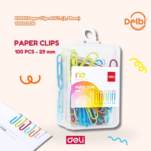 [100002936] E0024 Paper Clips ASST. (3, 29mm DELI PENJEPIT KERTAS CLIP WARNA WARNI BX10 BX400