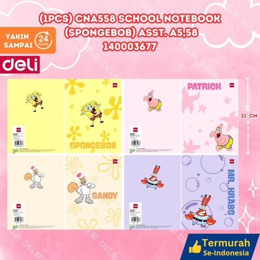 [140003677] (1PCS) CNA558 School Notebook (Spongebob) ASST. A5,58 BUKU TULIS DELI SPONGEBOB 58 LEMBAR BX200 BX10