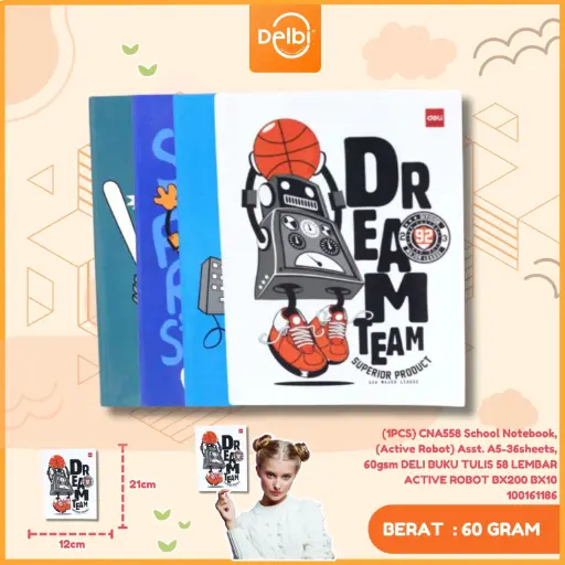 [100161186] (1PCS) CNA558 School Notebook, (Active Robot) Asst. A5-36sheets, 60gsm DELI BUKU TULIS 58 LEMBAR ACTIVE ROBOT BX200 BX10
