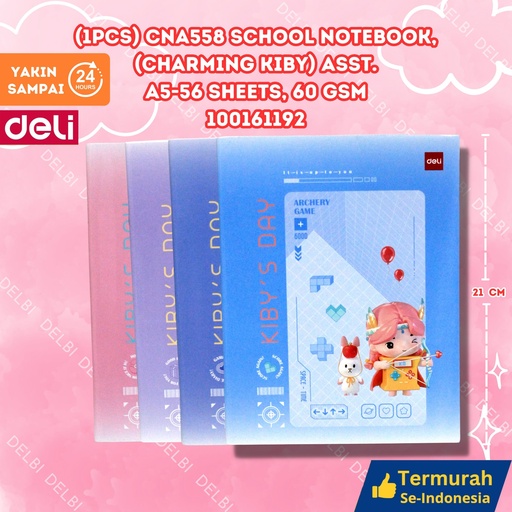[100161192] (1PCS) CNA558 School Notebook, (Charming Kiby) Asst. A5-58sheets, 60gsm DELI BUKU TULIS 58 LEMBAR CHARMING KIBY BX200 BX10