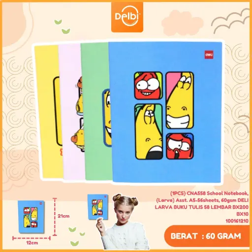 [100161210] (1PCS) CNA558 School Notebook, (Larva) Asst. A5-56sheets, 60gsm DELI LARVA BUKU TULIS 58 LEMBAR BX200 BX10